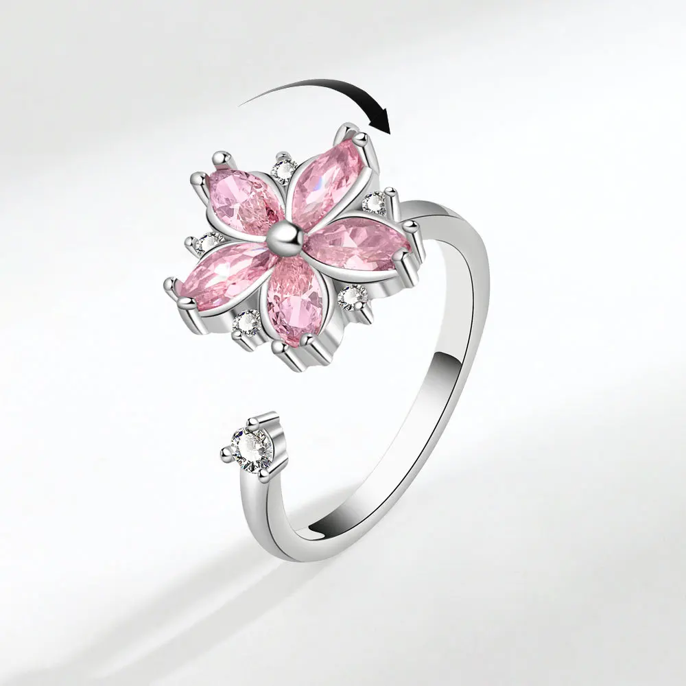 

Opening Adjustable Pink Cherry Blossoms Rotating Rings Jewelry Women Zircon Diamond Sakura Flower Spinning Fidget Rings