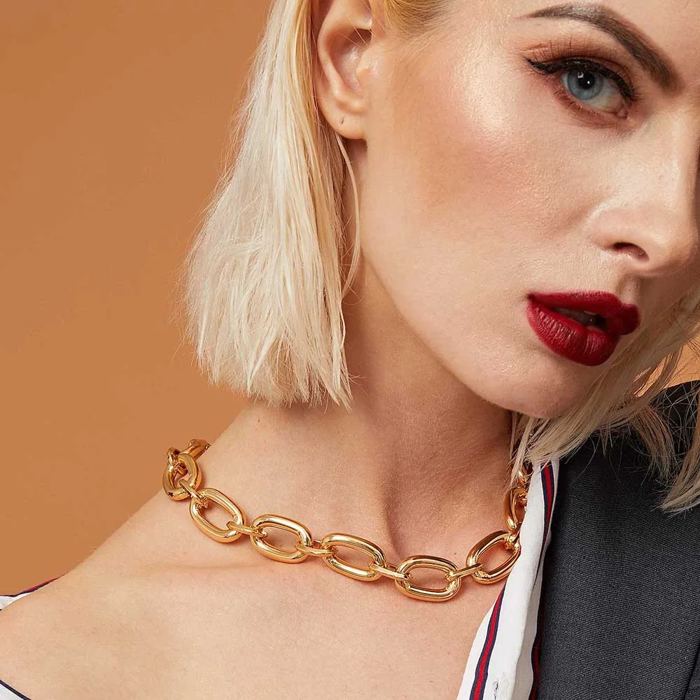 

European American simple minimalist gold metal alloy one single layer chain necklace fashion boutique clavicle choker necklace, Picture