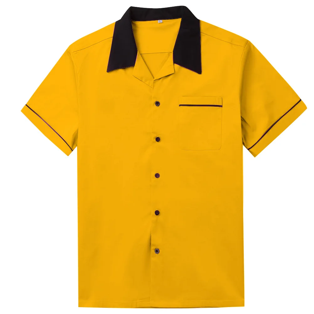 

Wholesale custom retro bowling men's cotton yellow casual Lapel short sleeve shirt