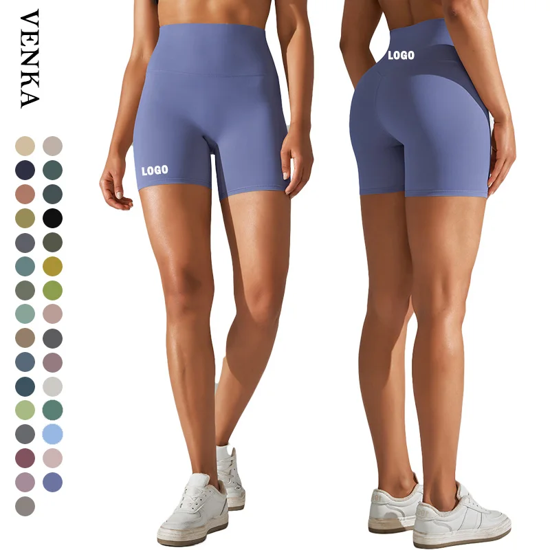 

2023 Oem Logo Women Running Shorts Breathable Luxury High Waist Slimming Firm Elastic Band Elastic Peach Buttocks Biker Shorts
