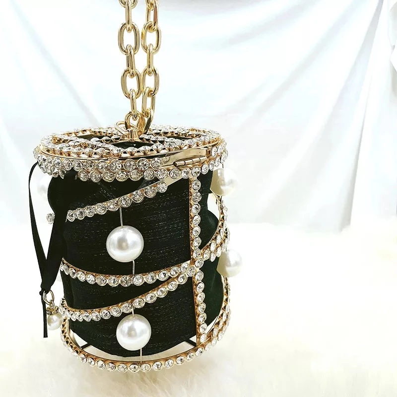 

Luxury Ladies Crystal Bucket Mini Bags Messenger Handbags With Pearl Bling Rhinestone Cage Ladies Purse Evening Clutch, Colorful