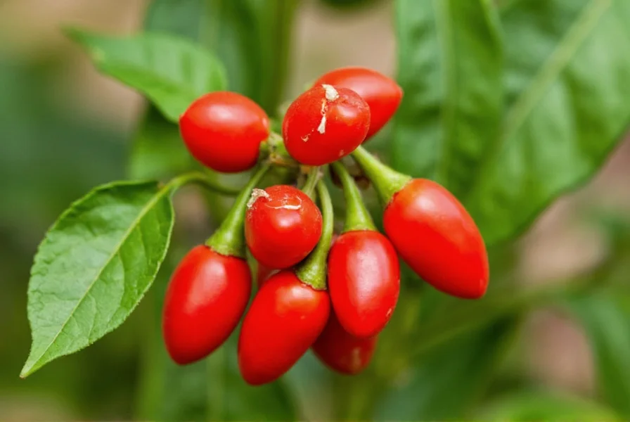 Close-up photograph of pequin peppers on the plant showing small red oval peppers growing in clusters