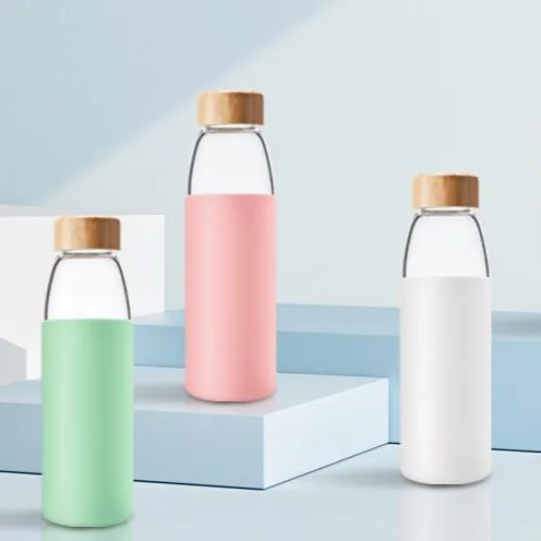 

32 oz silicone glass water bottle with bamboo lid, Transparent