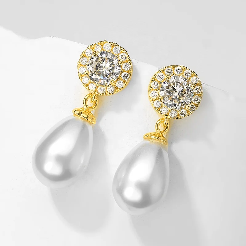 

RAKOL EP2524 Dangle 18k gold earrings pearl and leaf cubic zirconia silver stud earrings jewelry, Picture shows