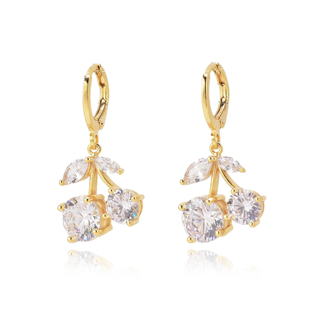 

#42 Fashion Brass Zircon Fruit Earrings Cherry Huggies Earring New Jewelry Gifts For Women, Gold, silver
