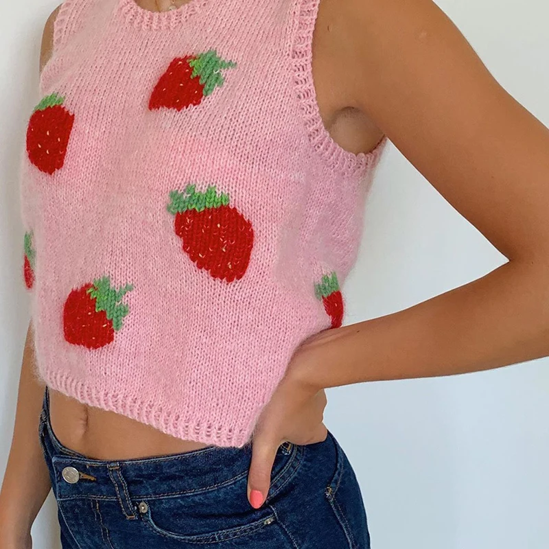 

2020 Pink Sweat Cute Sleeveless Sweater Vest Women Fashion Streetwear Casual Autumn Winter Strawberry Y2K Tank Knitted Crop Top