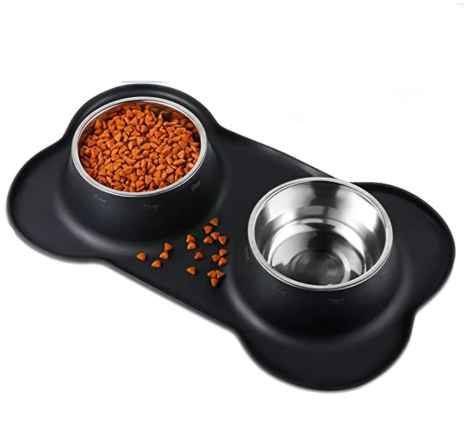 

Pet 2 x  Dog Cat Bowls with Non slip Silicone Mat, Stainless Steel Double Bowls Set for Puppy Small Dogs Food Y0081, Picture