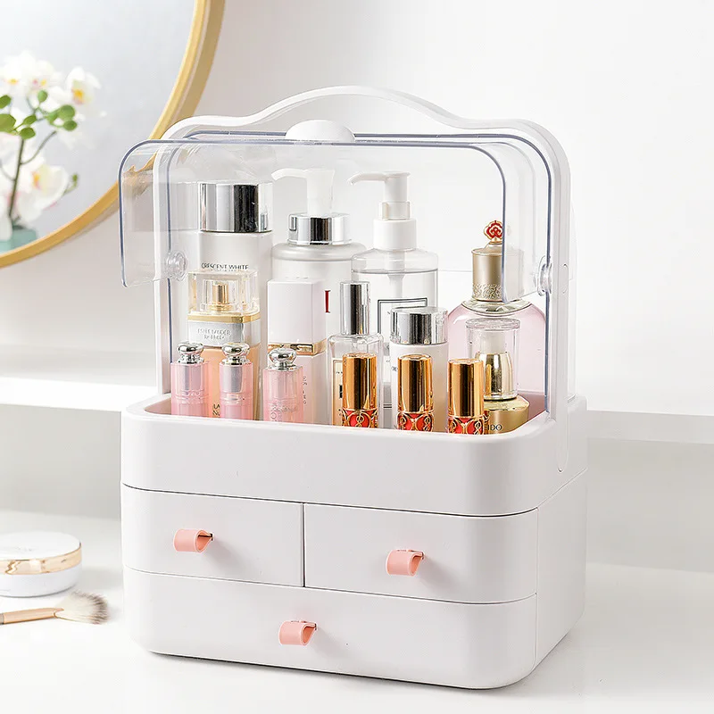 

Custom logo portable transparent luxury cosmetic storage box plastic containers makeup organizer storage box, White/pink/grey/orange