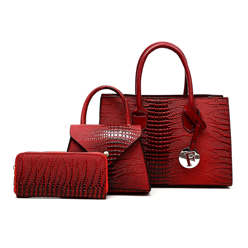 

Professional factory women 3 pcs handbag set supplier pu leather crocodile bag new ladies purses and handbags 2024