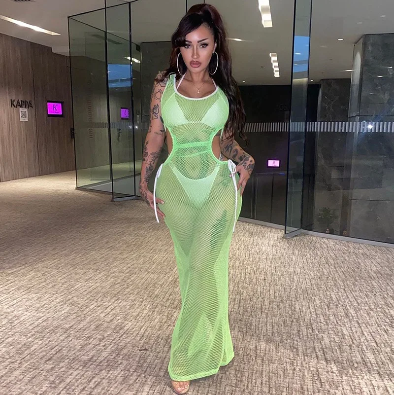 

2022 Spring See Through Mesh Partywear Solid Color Sleeveless Hollow Out Maxi Dresses Women Sexy