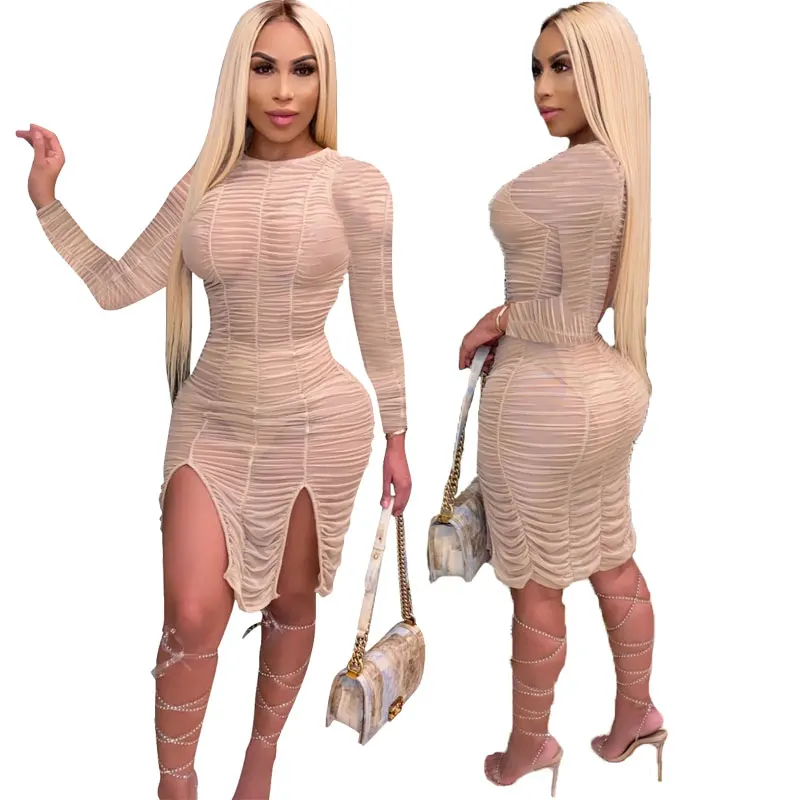 

Summer Hot Style Solid Color Ruffle Ruched Women's Night Dress Sexy Slit Club Dress Bodycon Dresses, Picture