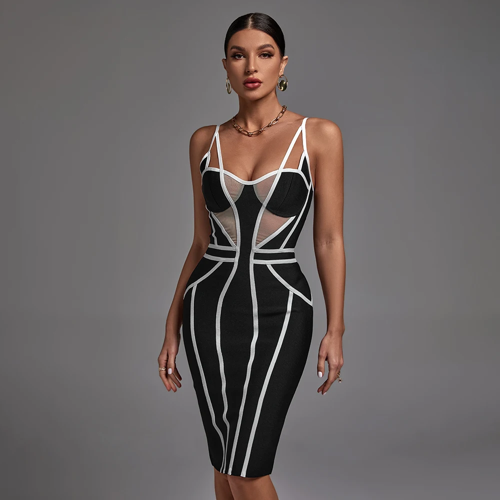 

2022 Summer Low Cut Black Patchwork Slit Spaghetti Strap Dress Sleeveless Backless Midi Bodycon Women Casual Dresses, Picture color