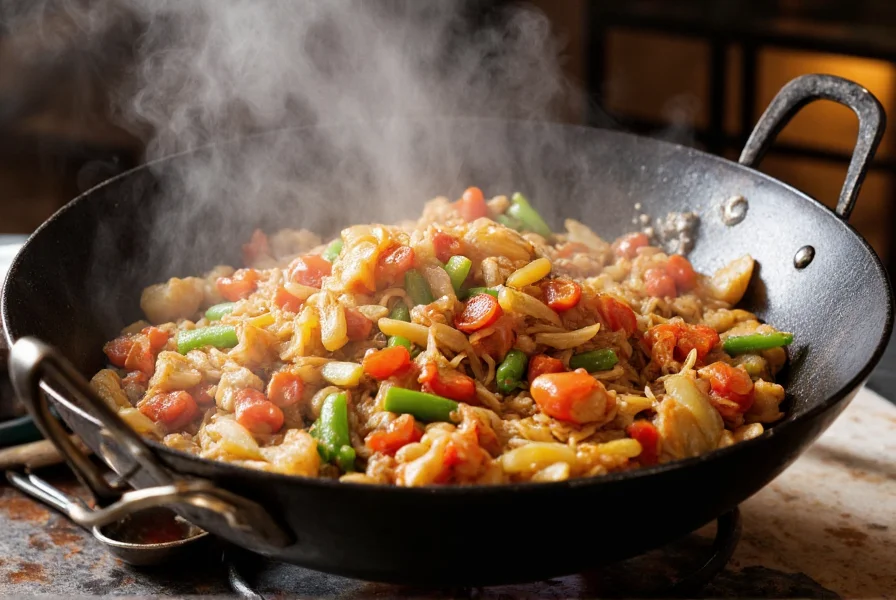Authentic Chinese stir-fry dishes prepared in a traditional wok with visible steam and vibrant ingredients
