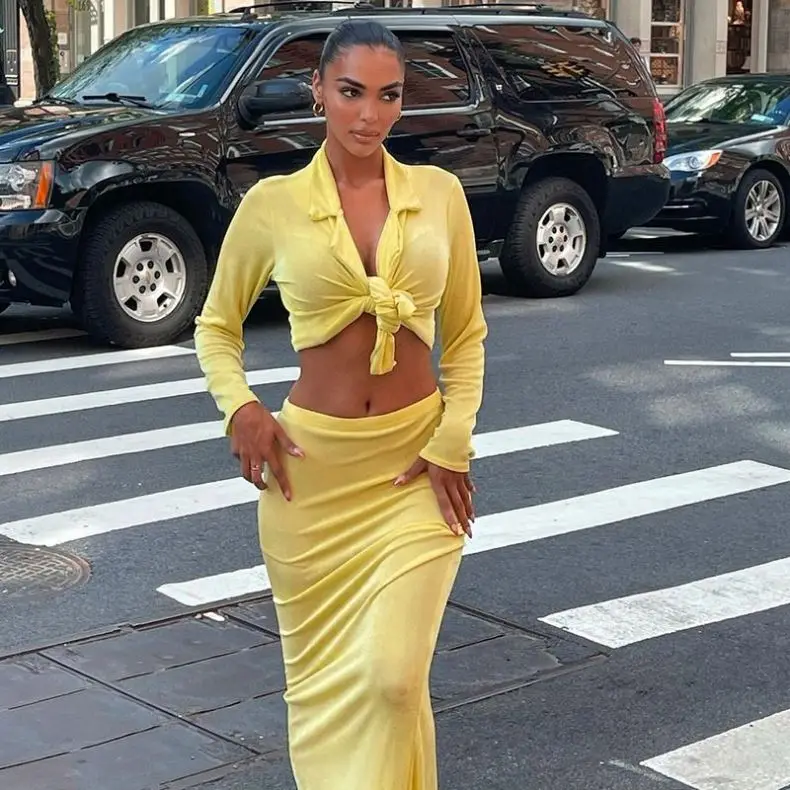 

Autumn Solid Fashion Two Pieces Set Women Sexy V Neck Full Sleeve Shirt And Hihg Waist Long Skirt Street Casual Lady Set