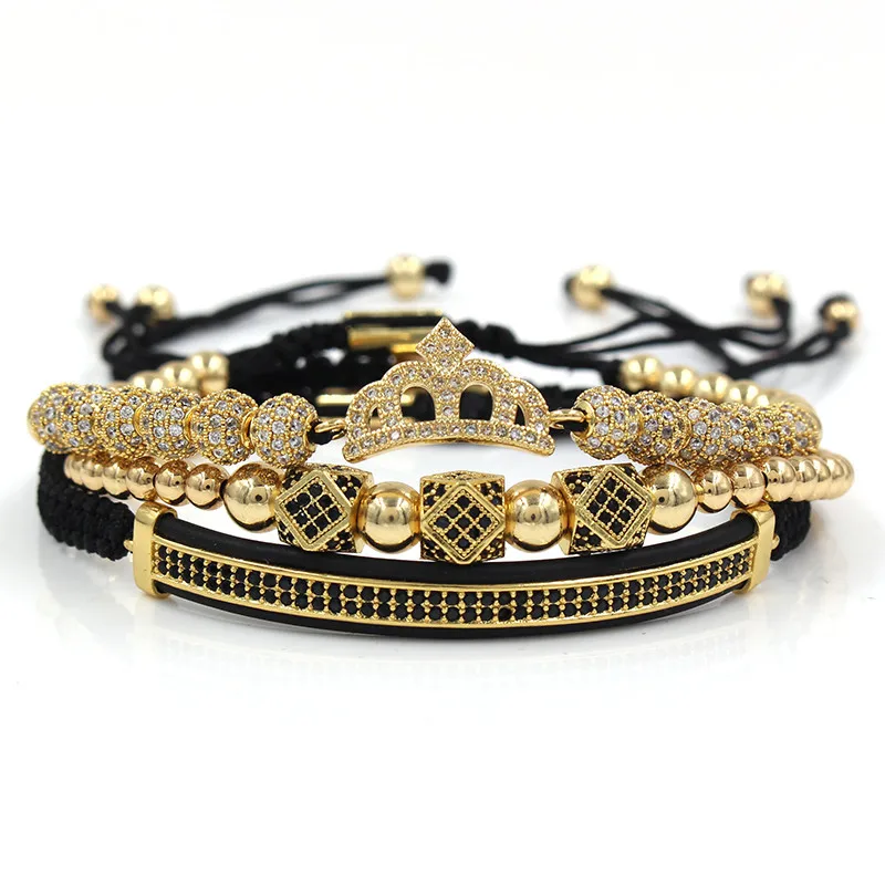 

Luxury Design High Quality 3pcs/set Micro CZ Pave Diamond Ball King Crown Charm Braided Macrame Bracelet, Picture
