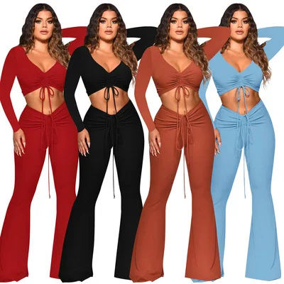 

2021 New Fashion Solid Thread V Neck Bandage Top With Casual Flare Trousers Suit Fall Outfits For Women