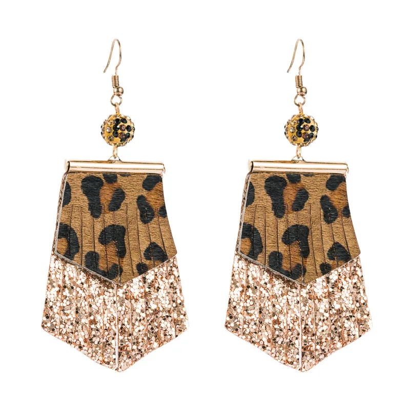 

European and American trend Leopard Print Long Leather inlaid with diamond super flash exaggerated female Earrings