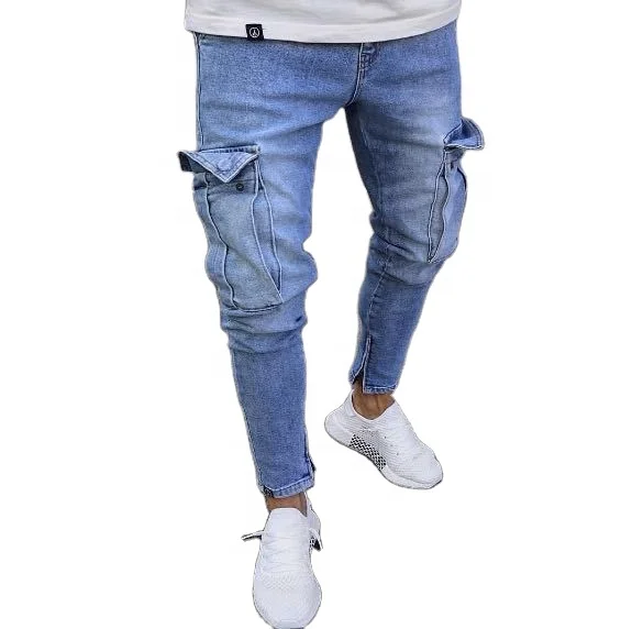 

Custom Striped Men Jeans Vintage Blue Denim joggers Men Cargo Pockets Tape Jeans for Men2021