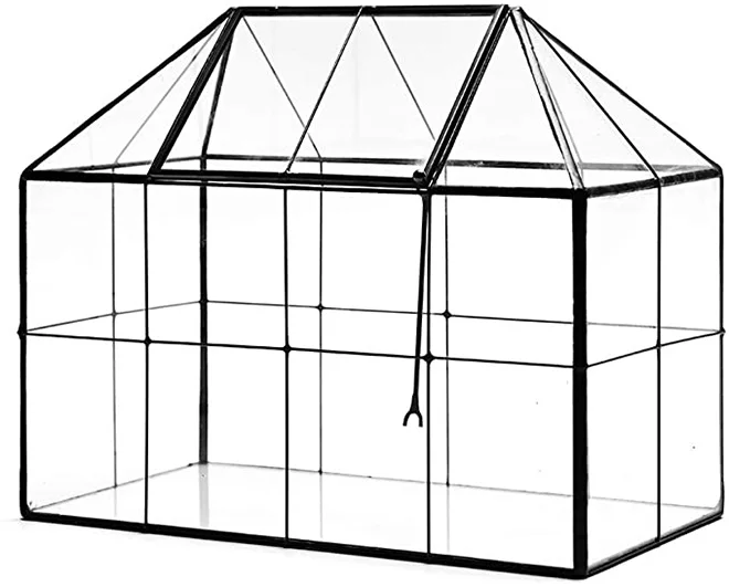 

Wholesale Length 9.8" Geometric Glass Terrarium Planter with lid Grid House Shape Flower Pot Box for Succulents Cacti Air Plants, Black gold