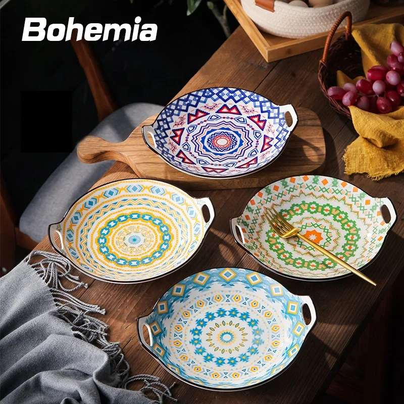 

9.2inch Bohemian Ceramic Plates Porcelain Round Double-ear Plates Bowls Serving Tray For Restaurant Dinner Charger Plate, Mix patterns