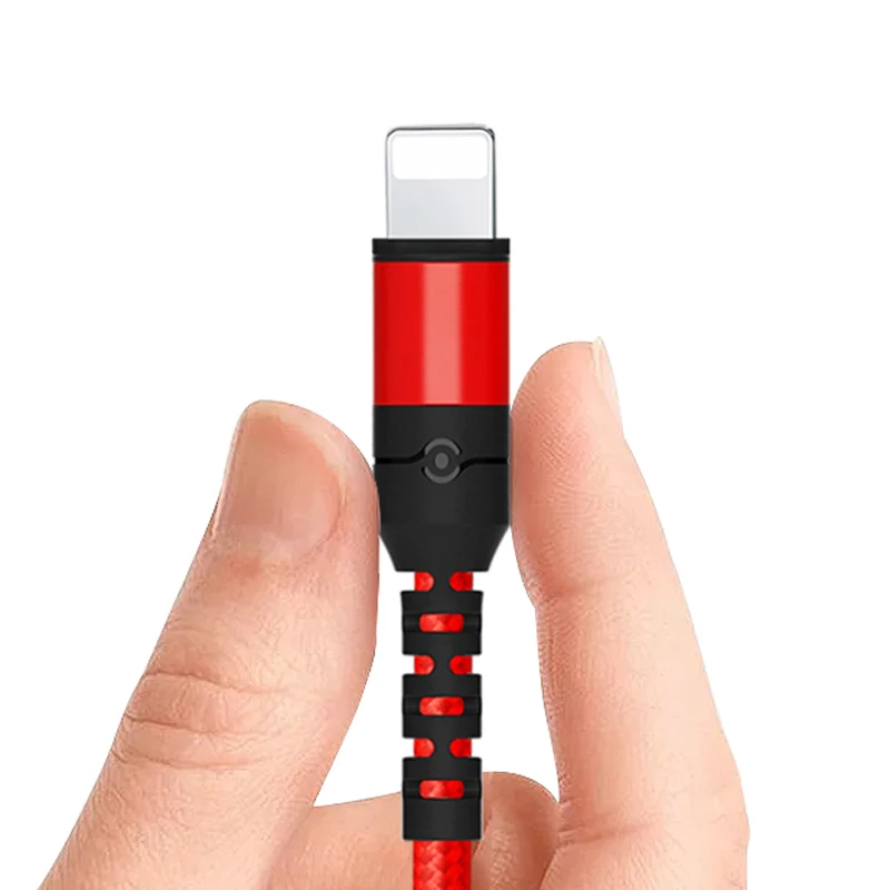 

premium quality durable nylon braided spiral protector ends 8 pin fast charging cable for iPhone iOS charger usb data line, Black/red/gold