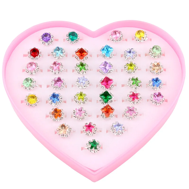 

Children Ring Princess Cute Super Cute Girl Diamond Jewelry Girl kids Color Rhinestone Ring toys 12/24/36 Pcs/Box
