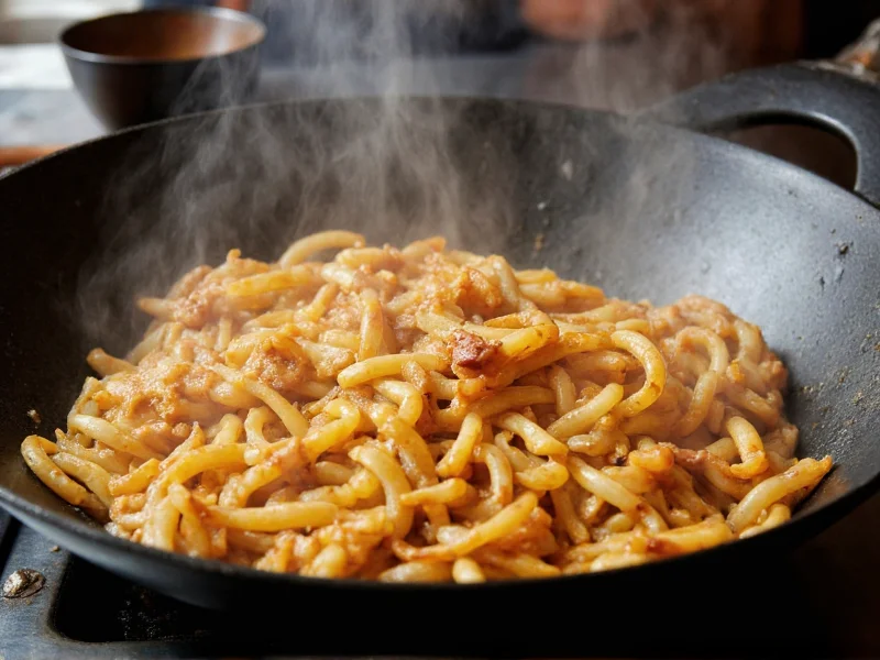 Stir-frying pad thai in carbon steel wok with visible steam