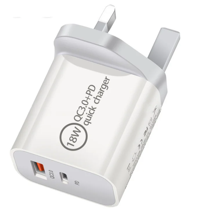 

Fast Charging UK Plug 18W PD USB C Type-C QC3.0 Quick Charge Dual Wall Charger Travel Adaptor