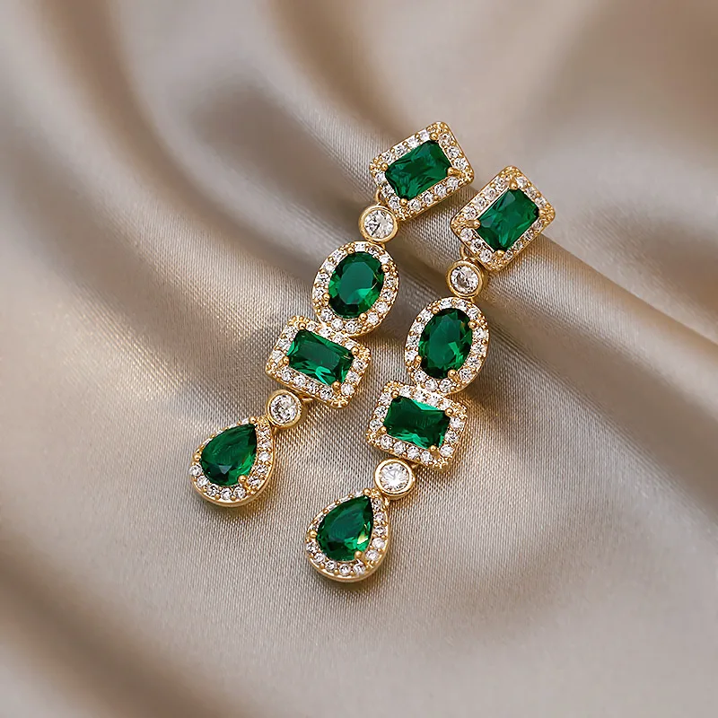

18k Gold Plated 925 Silver Post Long Geometric Oval Teardrop Emerald Earrings Green Square Crystal Dangle Earrings