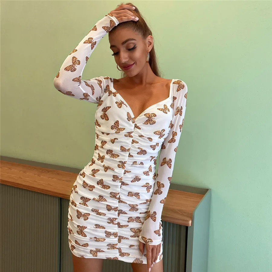 

DM New arrivals Shein stock Womens White Butterfly Print Ruched Mesh Dress, Shown,or customized color,provide color swatches