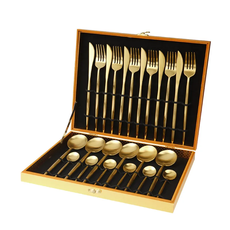 

Factory Wholesale Stainless Steel Tableware Gold Cutlery Sets 24pcs Knife Fork and Spoon with Wooden Box for Gift