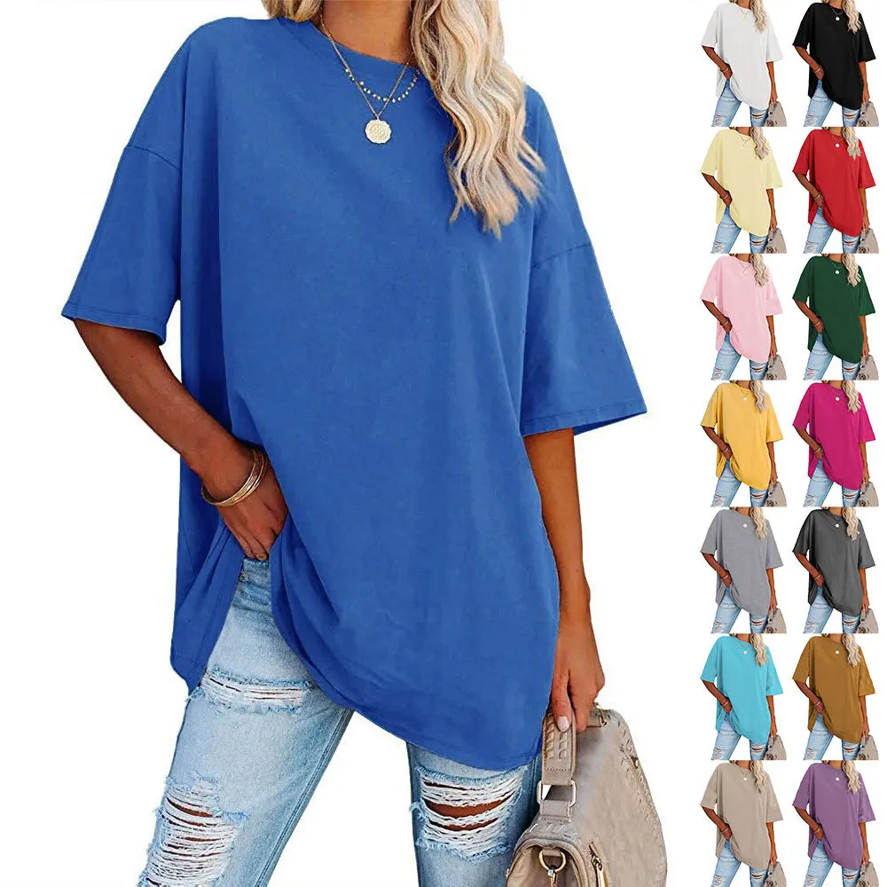 Wholesale Cotton Polyester Plain Oversized T-shirt Tee Women Custom Logo Casual Shirts O Neck Loose Blouse