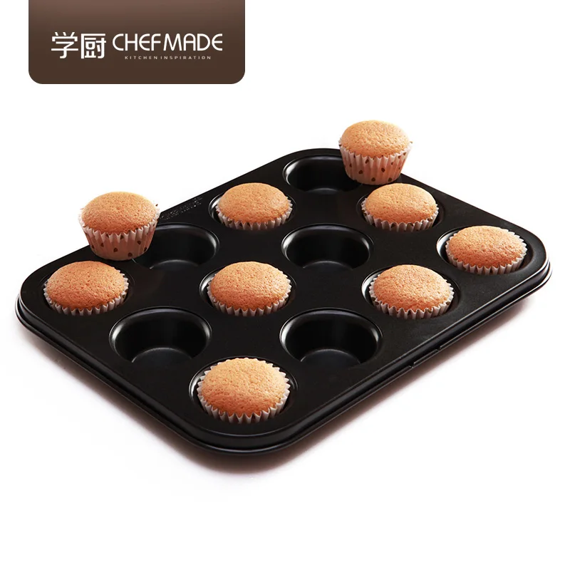 

CHEFMADE Cup Mini Muffin Pan Cupcake Metal Baking Cups Cake Baking Moulds, Silver black