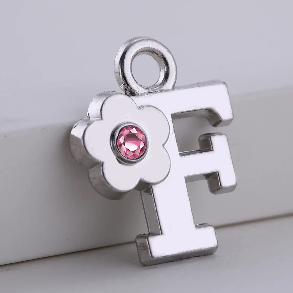 

Handmade A-Z Letters Crystal Silver Alphabet F Charm Pendant, Silver stone and pink crystal