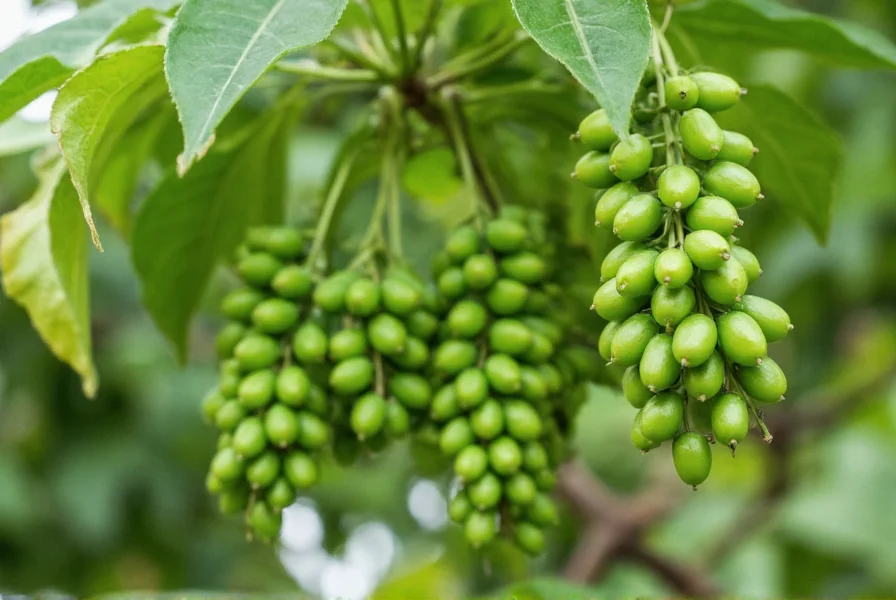 Piper nigrum vine with clusters of green peppercorns growing in tropical environment