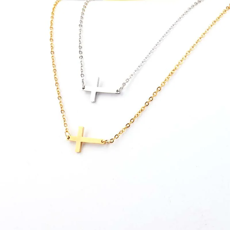 

European And American Fashion Women 45cm Chain Stainless Steel Cross Clavicle Necklace, Gold color steel color