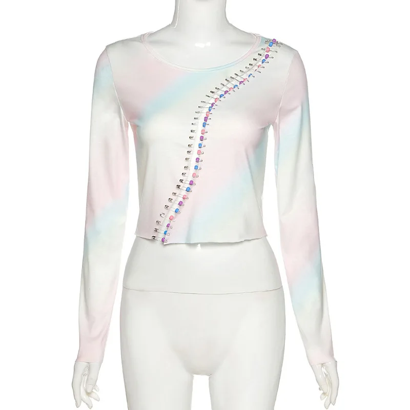 

2020 New autumn fashion Women Sexy SafetyPin long sleeve T-shirt Tops Solid Color Long Sleeve Tops