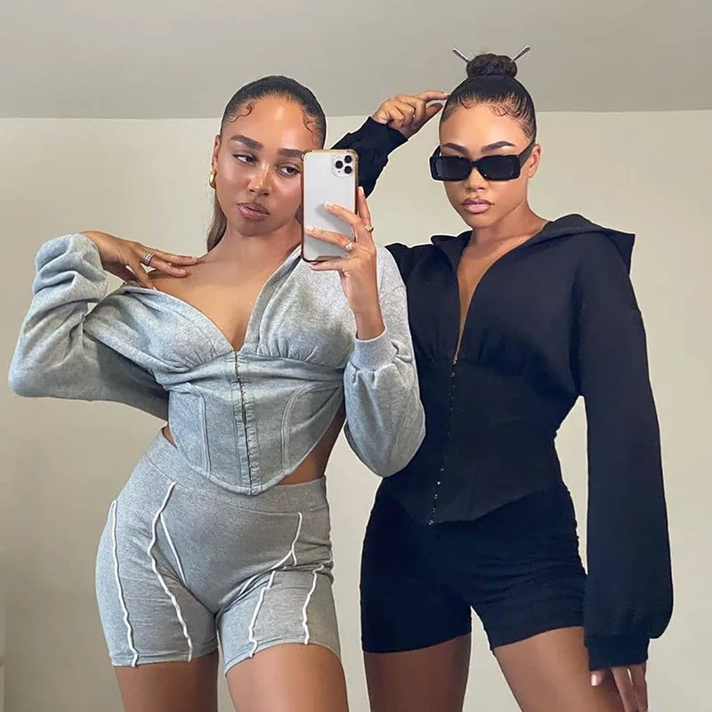 

Casual V Neck Fashion Autumn Corset Hoodies Long Sleeve Women Solid Bodycon Sweatshirt Sporty Street Style Crop Tops