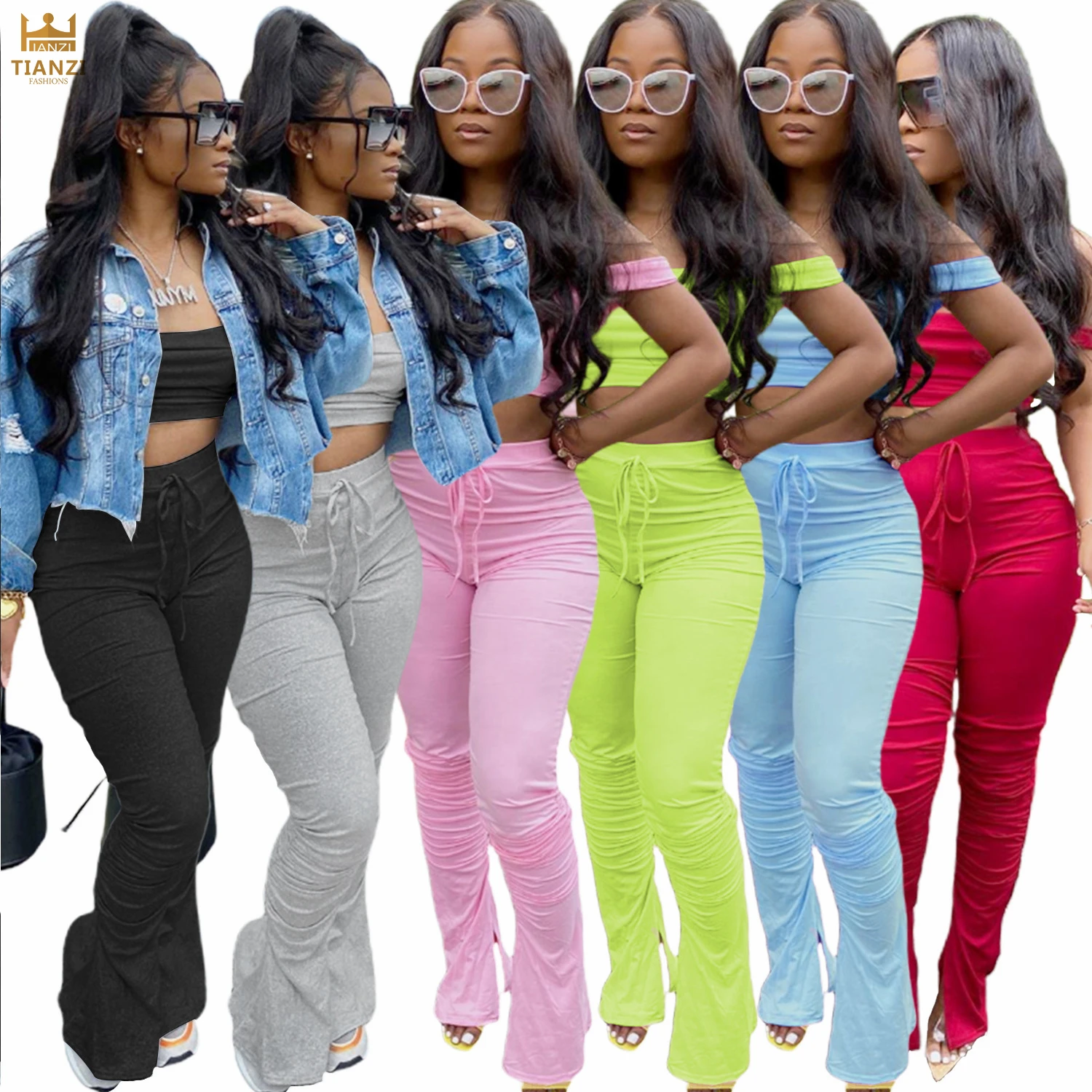 

New latest X5402 women trendy sexy stacked pants and sleeveless crop top 2 piece set