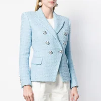 

Women blazer clothing customized light blue women formal office lady Double Breasted blue tweed blazer 2XL short jacket coat