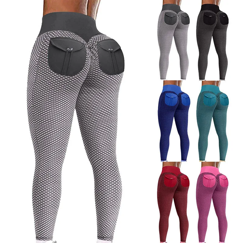 

Custom honeycomb yoga pants pocket high waist push up tights peach hip women's fitness leggings, Multi