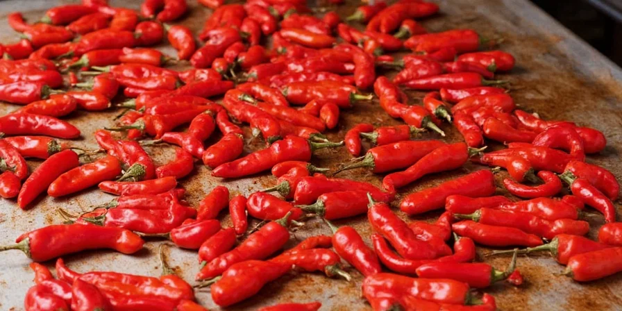 A rustic kitchen with spices and dried chilies hanging from hooks