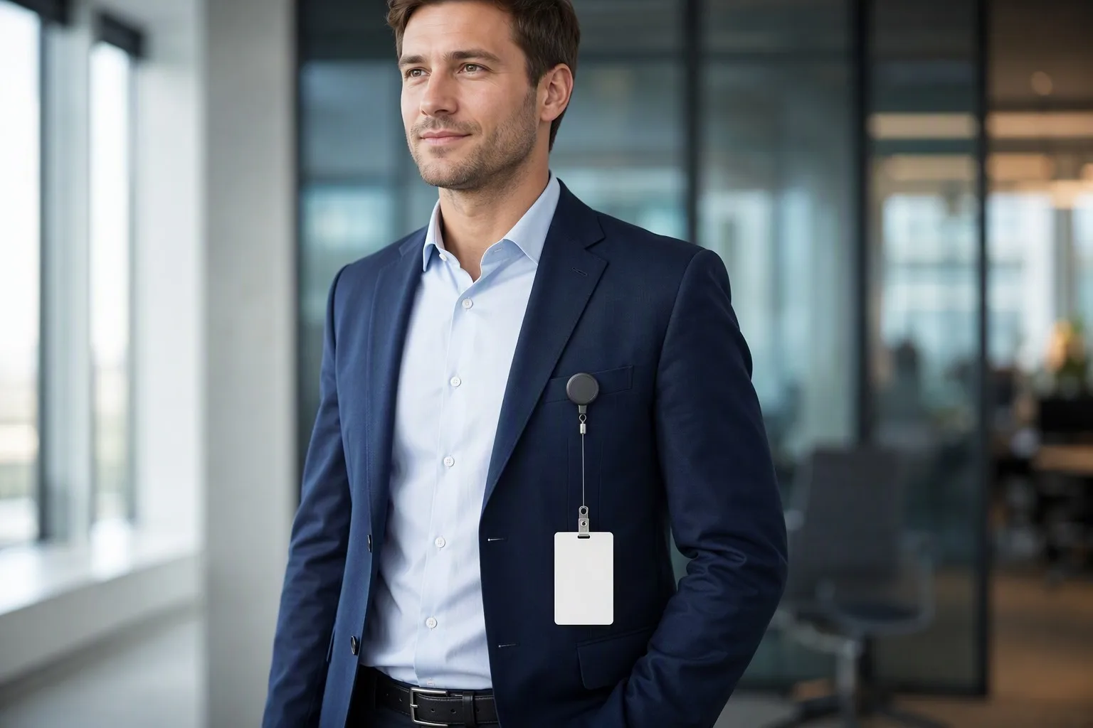 Professional in a navy suit wearing the badge reel in a modern office