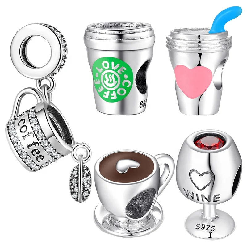 

Coffee Cup Silver Beads Charms for Making DIY Bracelets Women Luxury 925 Sterling Pan Jewelry Designer Crystal Wine Cup Pendants