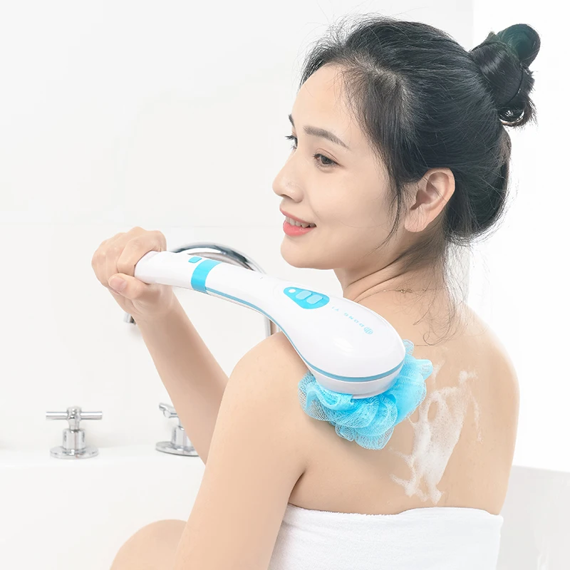 

5 in 1 Body Cleaner Electric Face Brush Long Handle USB Charging Cosmetic Brush Waterproof Soft SPA Bath Electric Body Brush, Blue & white
