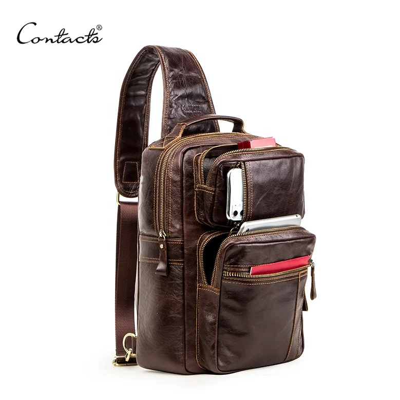 

CONTACT'S Custom Luxury Men Sports Bag Long Shouler Strap Cowhide Chest Sling Bag Genuine Leather Crossbody Chest Bag for Men, Coffee or customized color