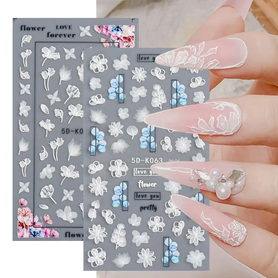 

5D White Embossed Nail Sticker Flower Lace Wedding Adhesive Transfer Decal Slider Wraps