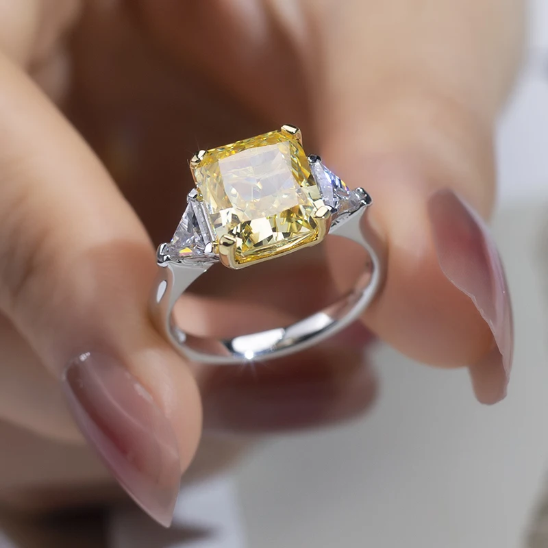 

Messi Jewelry MSR-958 High Carbon Cubic Zircon Yellow Diamond Ring Jewelry S925 Radiant Cut Engagement Wedding Ring