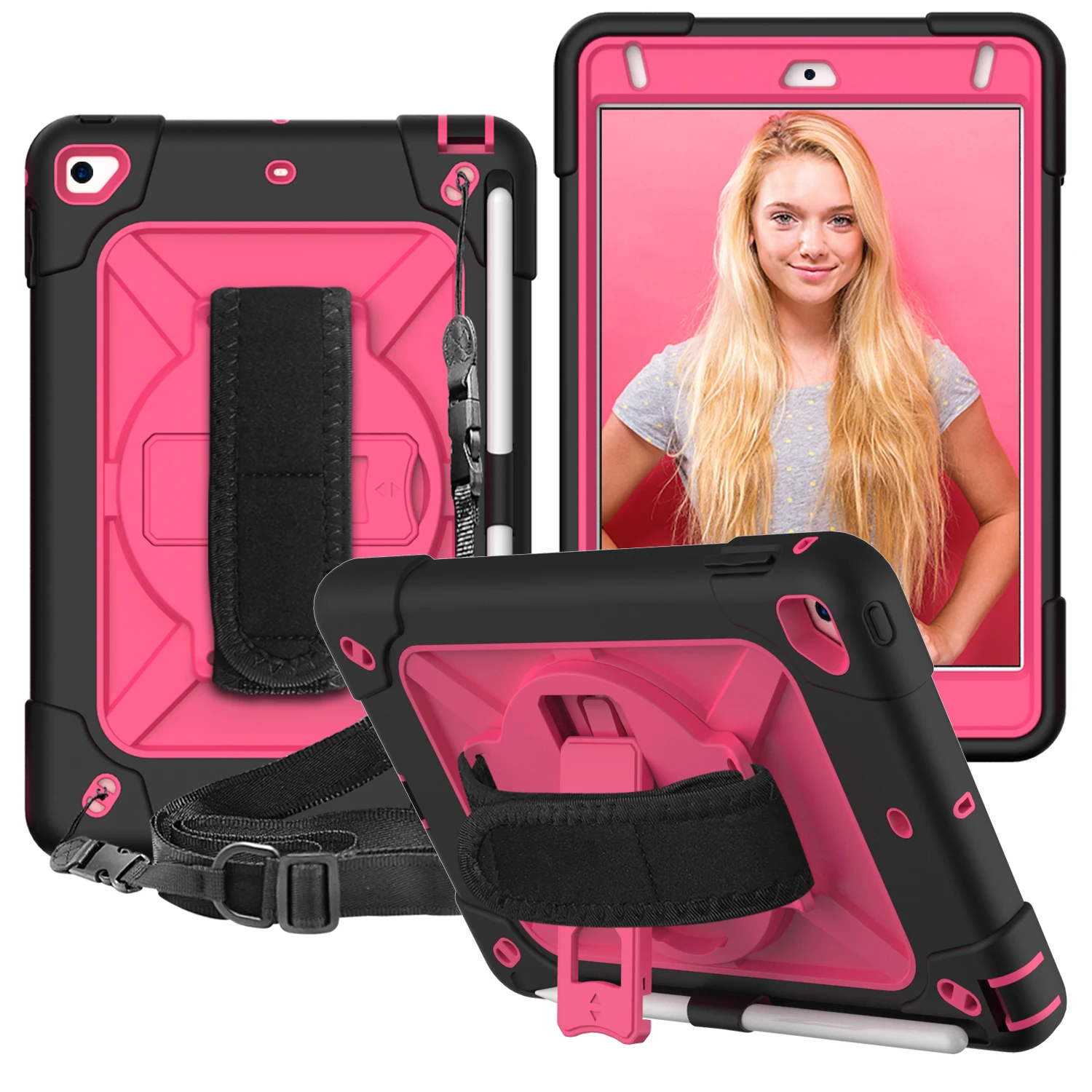 

Case Compatible with iPad Mini 4/5,with Built-in Screen Protector/360 Degree Swivel Kickstand/Hand & Shoulder Strap/Pencil Hold