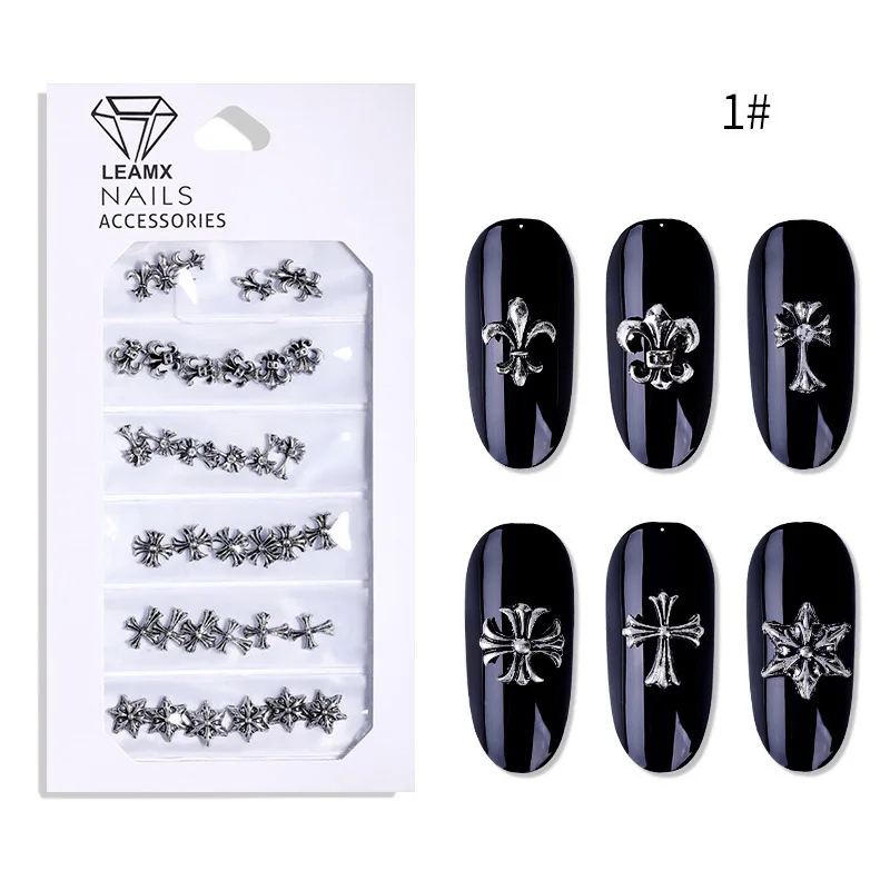 

New Nail Accessories Metal Punk Wind Ocean Leaves Antique silver Cross Alloy Jewelry Nails Decoration Art Charms, Gold and silver